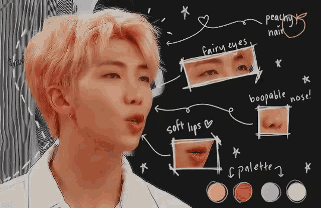 a close up of a person 's face with the words soft lips and peachy hair