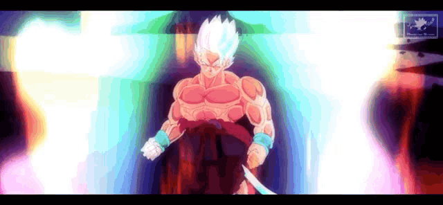 a cartoon character is holding a sword and standing in front of a colorful background .