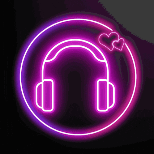 a neon sign of a pair of headphones with two hearts on it
