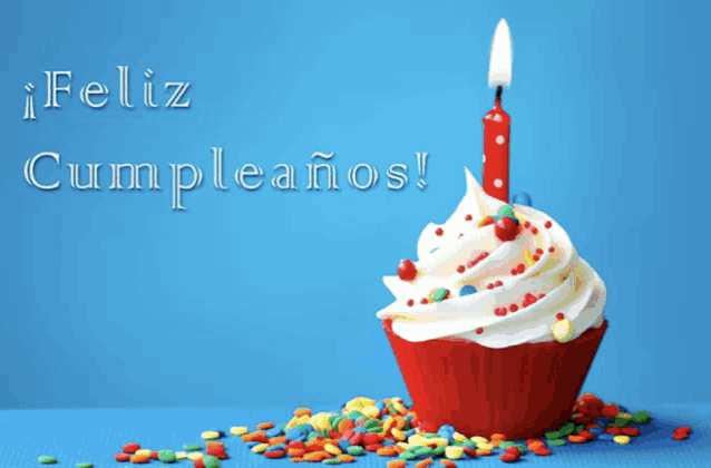 a cupcake with a lit candle and the words feliz cumpleanos on the bottom