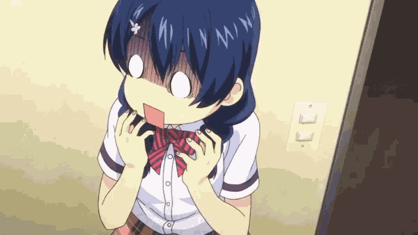 a girl with blue hair is making a funny face with her mouth open