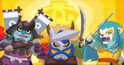 a group of cartoon characters holding swords and flags on a yellow background .
