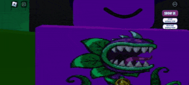 a purple roblox character with a purple hat and a green plant on his chest