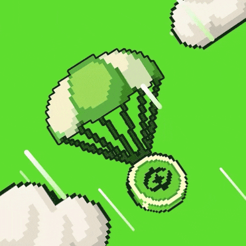 a pixel art drawing of a parachute carrying a coin with the letter g on it