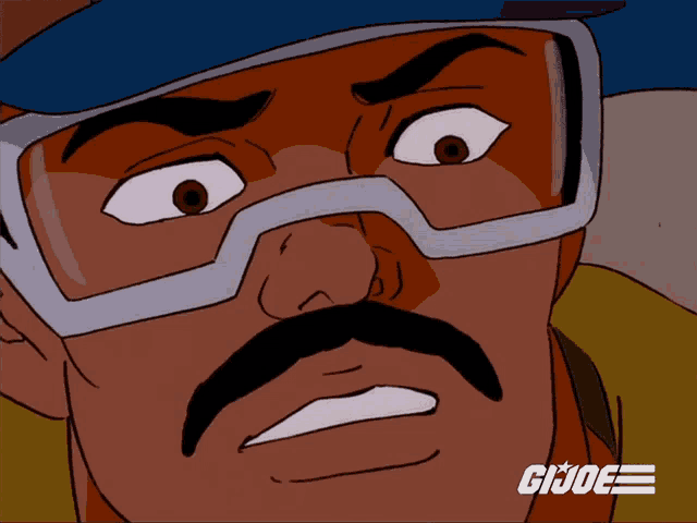 a cartoon of a man with a mustache and goggles with the word gi joe on the bottom