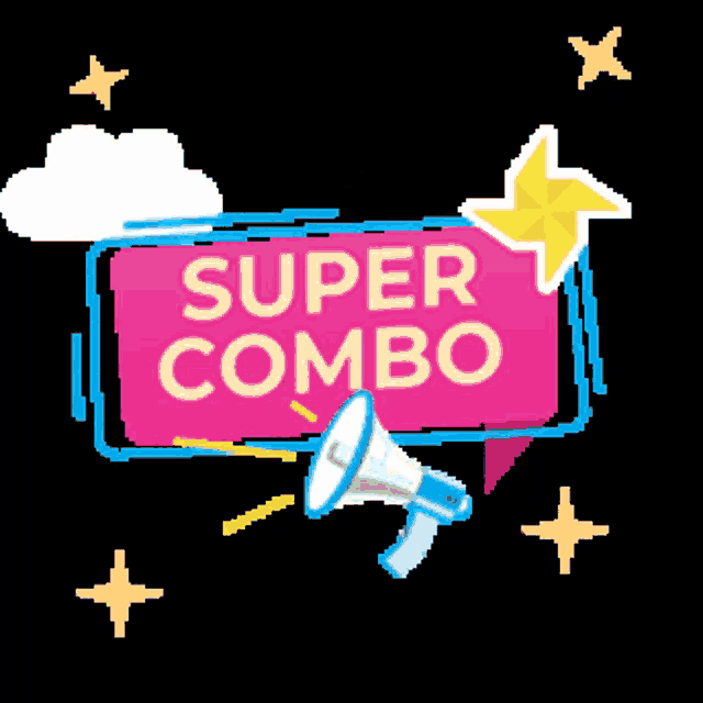 a pink sign that says super combo with a megaphone in front of it