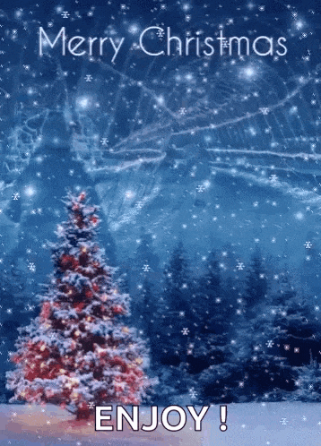 a christmas card with a christmas tree in the snow and the words merry christmas enjoy !