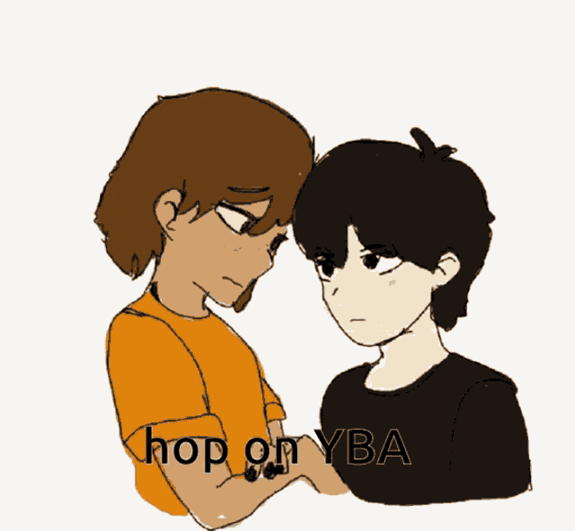a drawing of two boys with the words hop on yba written on the bottom