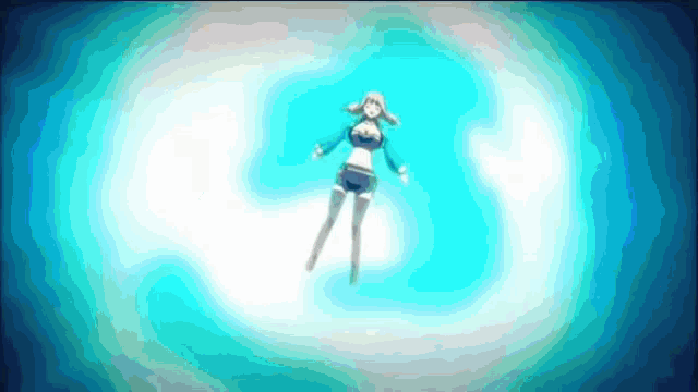 a woman is flying through the air in a blue and white swirl .