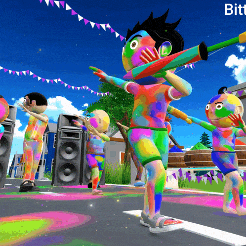 a group of cartoon characters are dancing in front of speakers and the word bitt is on the bottom