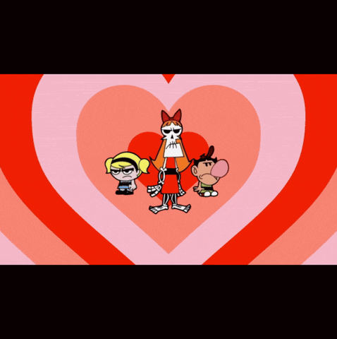 three cartoon characters are standing in front of a heart shaped background