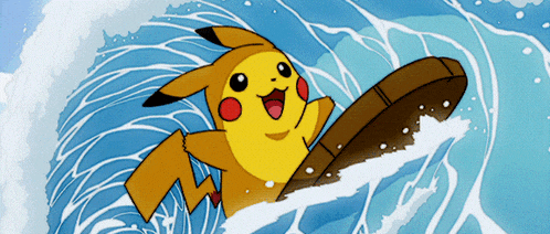pikachu is riding a wave on a surfboard in the ocean
