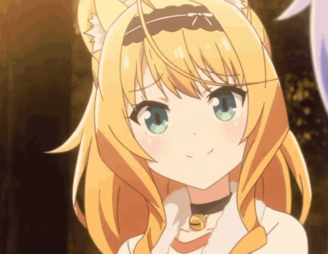 a close up of a girl with a cat ear and a bell around her neck