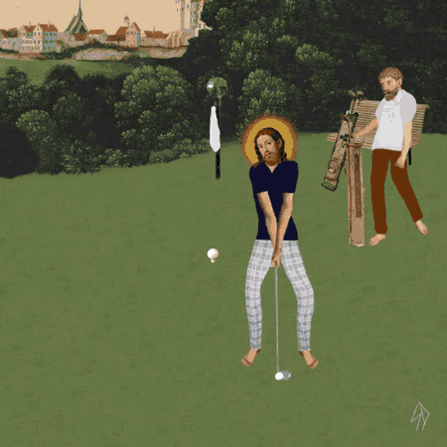 a painting of jesus swinging a golf club on a green