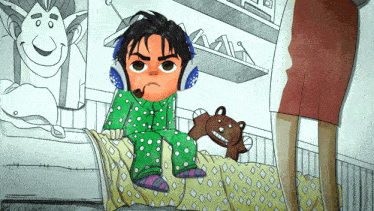 a cartoon of a boy wearing headphones sitting on a bed with a teddy bear