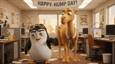 a happy hump day sign hangs above a penguin and camel in an office