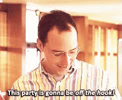 a man in a striped shirt is saying this party is gonna be off the hook