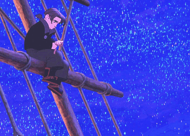 a cartoon character is sitting on a rope with a blue sky in the background