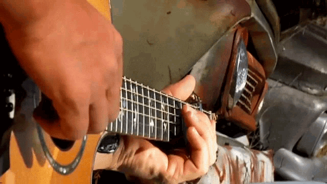 a person is playing a guitar with the letter t on the fretboard