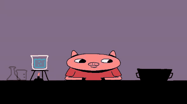 a cartoon pig sits at a table with a beaker of water and a candle