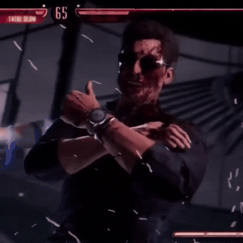 a man in a video game with a fatal blow score of 65 points