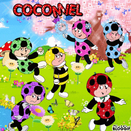 a group of ladybugs are dancing in a field with the name coconel written in red