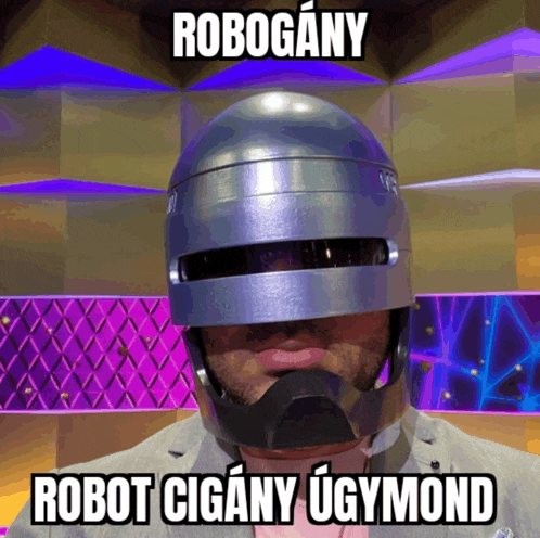 a man wearing a robot helmet with robogyany robot cigany ugymond written on it