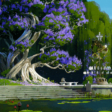 a painting of a tree with purple flowers and stairs