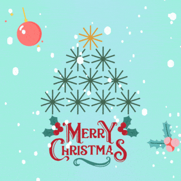 a merry christmas greeting card with a christmas tree made out of snowflakes