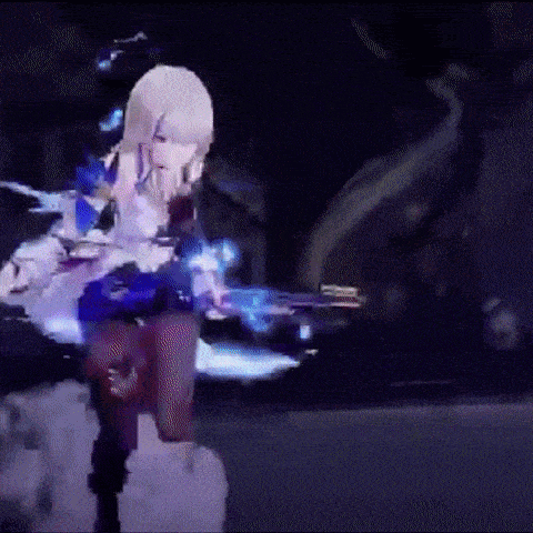 a woman in a costume is holding a gun in her hand in a dark room .