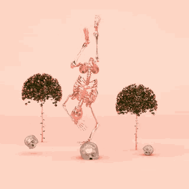 a skeleton is doing a handstand in front of some flowers