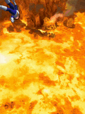 a cartoon character is flying through a volcano