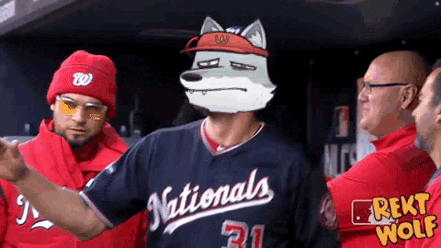 a man wearing a nationals jersey with a wolf face on his head