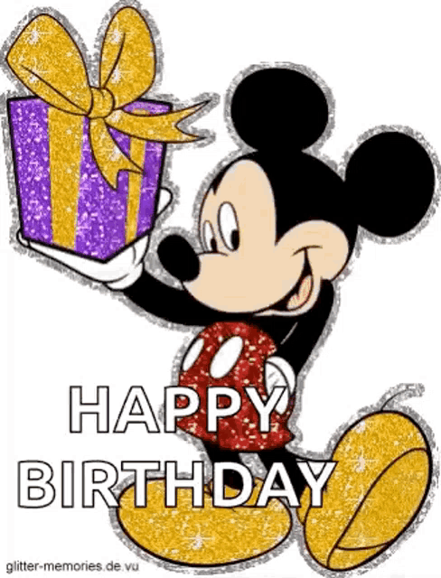 mickey mouse is holding a purple and gold gift box with a bow .
