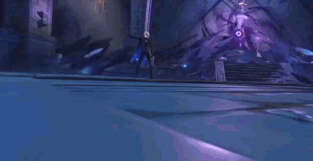 a cartoon character with blonde hair and blue eyes is standing in a dark room surrounded by purple lights .