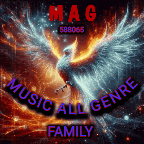 a logo for mag music all genre family with a phoenix in the background