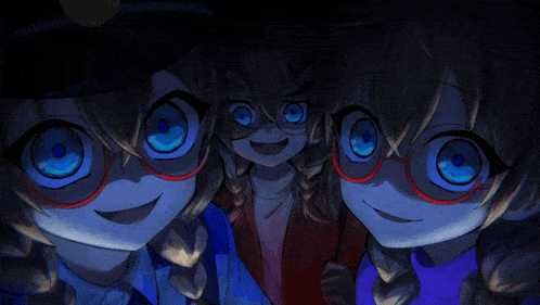 a couple of anime characters with blue eyes