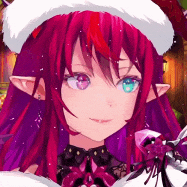 a close up of a girl with purple hair and blue eyes wearing a santa hat