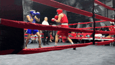 two boxers are fighting in a ring with a referee in the background