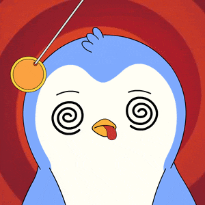a cartoon penguin is being hypnotised with a coin on its head