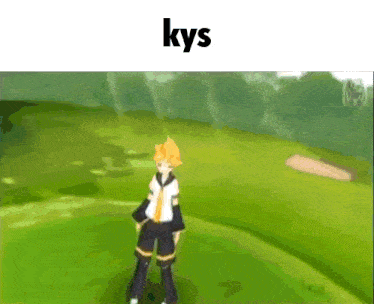 a cartoon character is standing in a grassy field and the word kys is above him