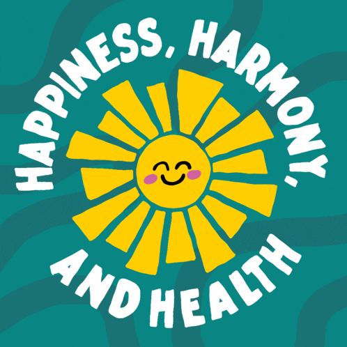 happiness harmony and health written around a smiling sun