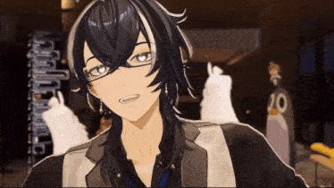 a man with long black hair and glasses is standing in front of a penguin .