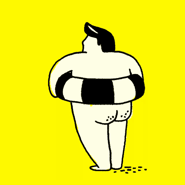 a black and white drawing of a sumo wrestler with a yellow background