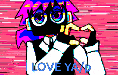 a cartoon character says i love ya / o on a pink background