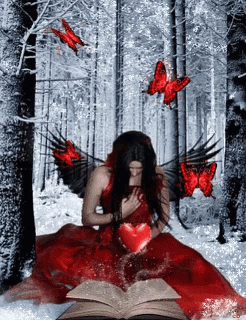 a woman in a red dress with black wings is holding a red heart in front of a book with butterflies flying around her