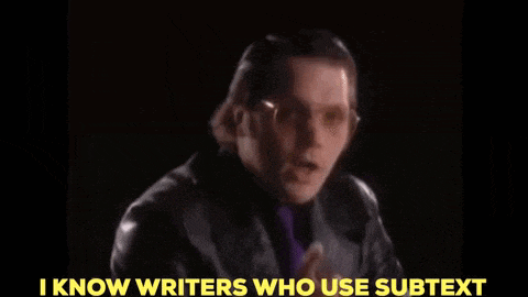 a man in a black jacket and purple tie says i know writers who use subtext