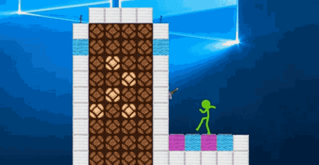 a green stick figure is standing in front of a brick wall in a video game