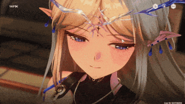 a close up of a girl 's face with a crown on her head and the words " skip " below her