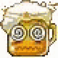 a pixel art illustration of a mug of beer with a face on it .
